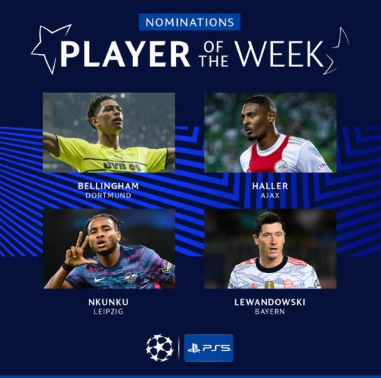 欧冠周最佳候选：莱万、阿莱、恩昆库、贝林厄姆