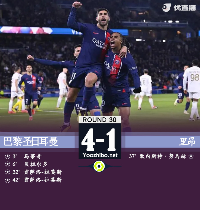 巴黎4-1里昂 贝纳维德斯破门，里奥哈凌空斩