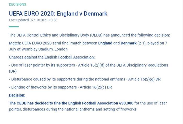 欧足联官方：对英足总罚款3万欧元