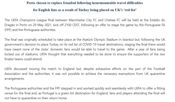 官方: 本赛季欧冠决赛将在波尔图巨龙球场进行