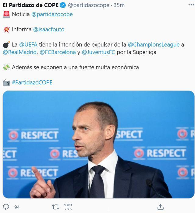 科贝：欧足联打算将皇马、巴萨和尤文踢出欧冠