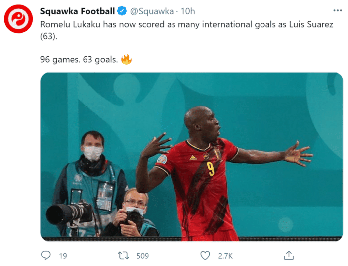 96场63球, 卢卡库国家队进球数追平苏亚雷斯