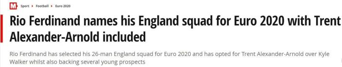 费迪南德心中英格兰大名单：阵容年轻化，沃克落选