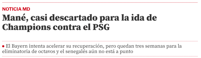 世体：马内基本无缘拜仁与巴黎的首回合比赛