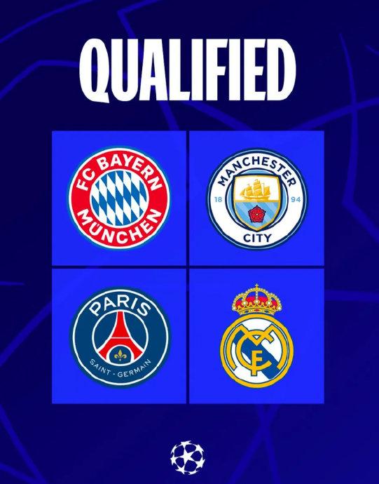 欧冠八强出炉4席：皇马巴黎联赛第一 曼城拜仁第二