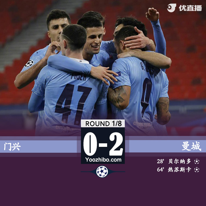 曼城2-0门兴取19连胜 B席传射热苏斯破门