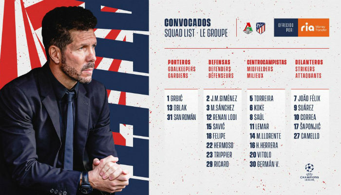 马竞vs莫斯科火车头欧冠大名单：菲利克斯苏亚雷斯领衔锋线