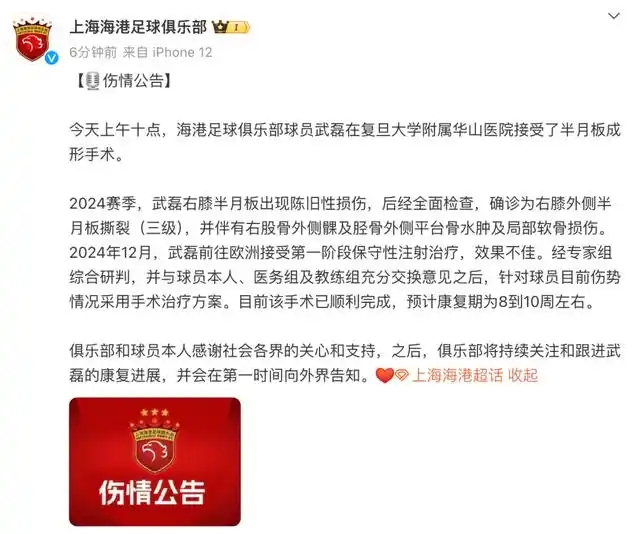 上海海港重磅消息！武磊半月板手术，8-10 周康复引球迷揪心