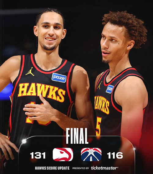 老鹰131-116轻取奇才，约翰逊30+12+12，麦科勒姆空砍28分