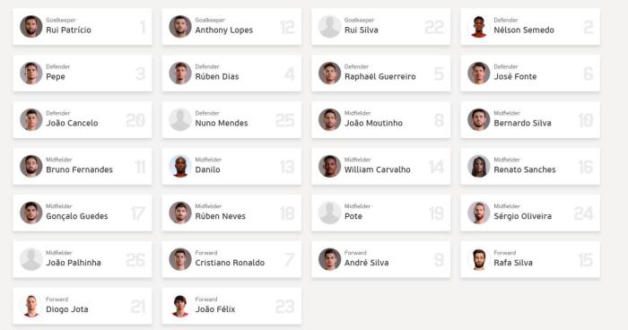 欧足联更新葡萄牙欧洲杯号码: B席身披10号