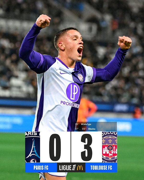 图卢兹客场3-0完胜巴黎FC，格博霍双响西迪贝两送助攻