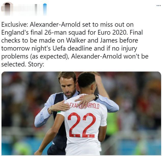 记者：如无伤病出现，阿诺德将落选英格兰大名单