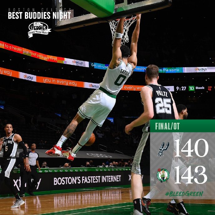 绿军143-140险胜马刺 塔图姆60+8+5 布朗17+5 德罗赞30+14