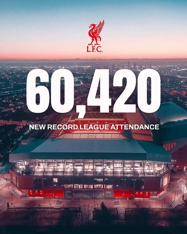 利物浦改写队史！本轮60420名观众涌进安菲尔德，联赛上座新纪录诞生