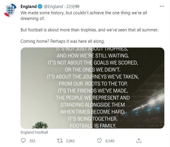 英格兰官推：足球回家？也许它一直在家