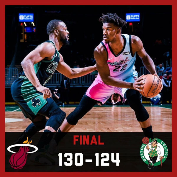 热火130-124击败绿军 巴特勒26+8+11 邓罗22分 富尼耶30+8