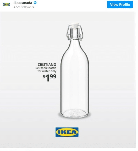 不喝可乐! 宜家推出克里斯蒂亚诺水瓶, 只供喝水