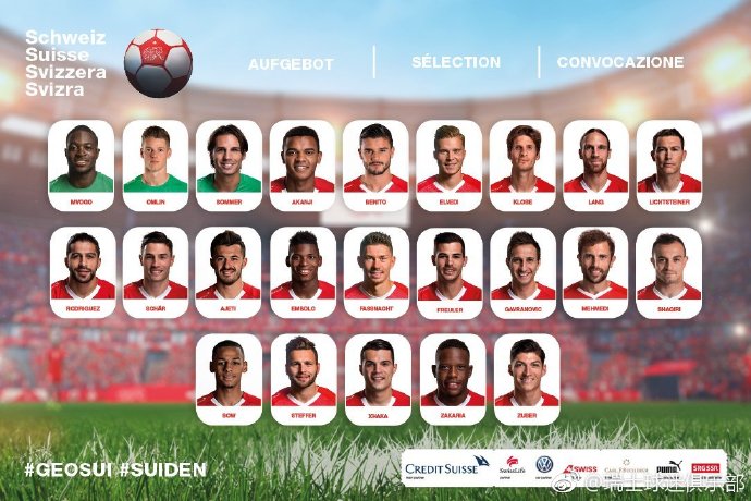 瑞士队欧洲杯26人球员大名单及赛程一览
