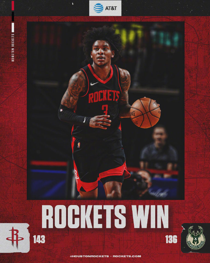 火箭143-136力克雄鹿 小波特50+11 米德尔顿33+8 字母哥伤退