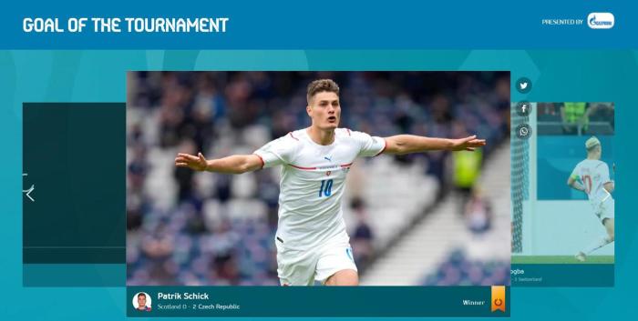 官方：希克45米吊射当选本届欧洲杯最佳进球