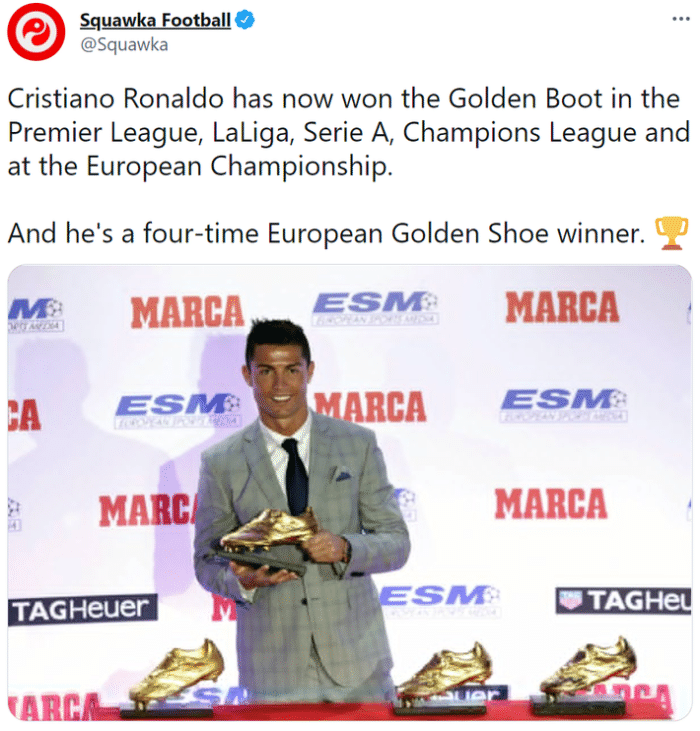 C罗已获5项不同赛事的金靴，并4度获评欧洲金靴